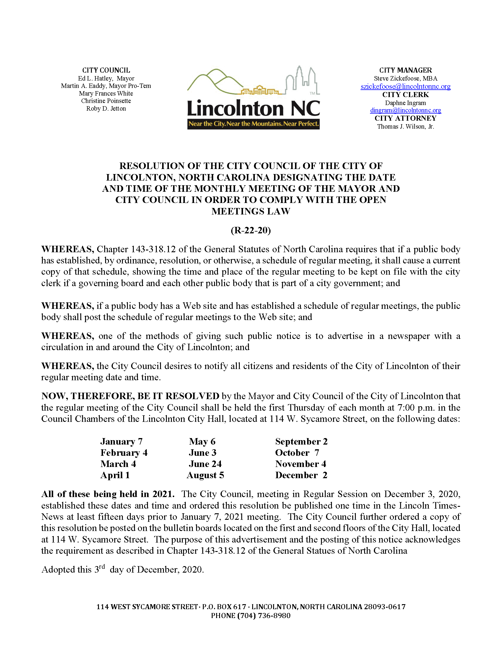 2021 council mtgs R-22-20 - Monthly meeting dates and time for 2021  - logo